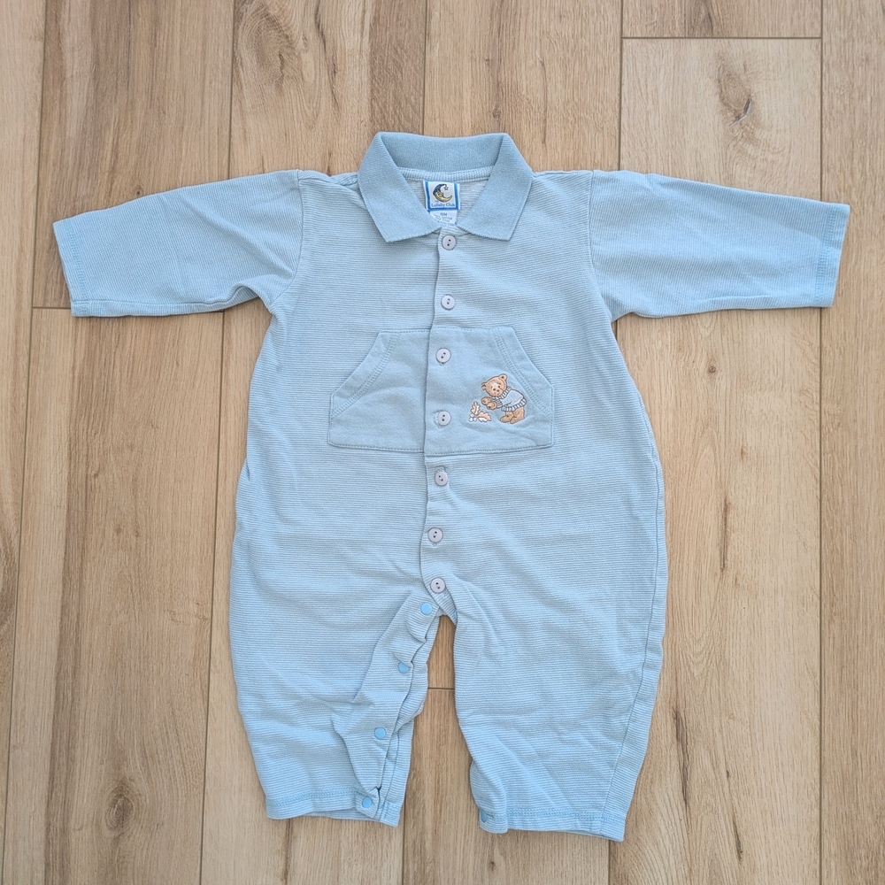 Vintage Light Blue Baby Romper with Embroidered Bear Patch